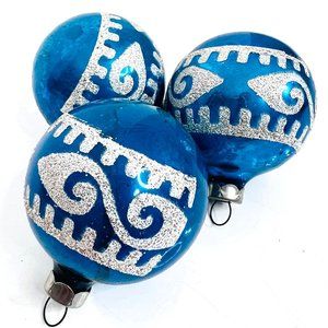 Blue White Stencil Vintage Christmas Ornaments Magic Eye Greek Key Lot of 3